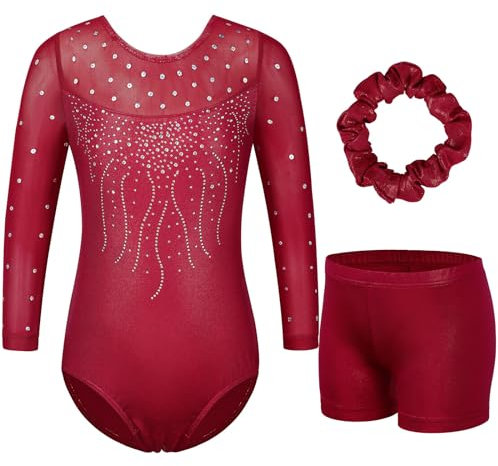 ZNYUNE Gymnastikanzug Hose mädchen Turnanzug Ärmellos/Langarm turnkleidung mädchen Gymnastik Tumbling Tanz Hose KHB285 WineRed 14A