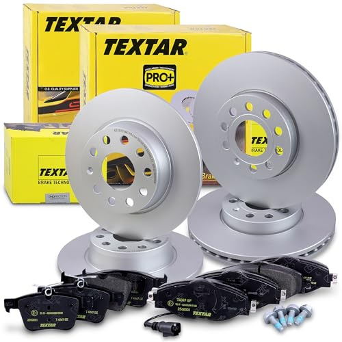 TEXTAR Bremsenset inkl. Bremsscheiben vorne Ø 288 mm innenbelüftet + hinten Ø 272 mm voll und Bremsbeläge vorne + hinten Kompatibel mit VW GOLF 7, T-ROC, AUDI A3, SEAT LEON, SKODA KAROQ