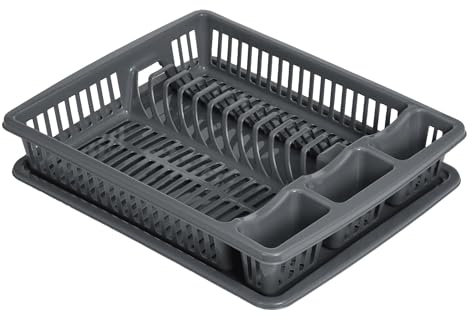 Large Plastic Dish Drainer with Drip Tray Plate Cutlery Rack Kitchen Sink Utensil Draining Cup Holder Dish Drying Washing Up Storage Tray for Kitchen Sink Counter Top Rectangular (Grey)