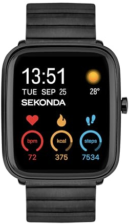 Sekonda Motion Plus Smart Watch 36mm with Black Stainless Steel Strap 30223 | 15 sports modes, heart rate and blood oxygen monitor, Bluetooth calling, message notifications, music controls and more.