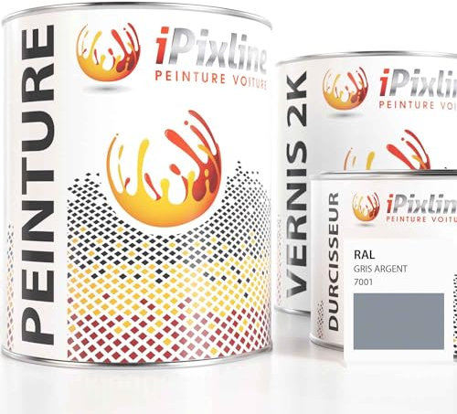 ipixline Kit Retouche Peinture Carrosserie Voiture - Pot Peinture 1000 ml, Vernis 2k 670 ml, Durcisseur 330 ml - Compatible avec Ral - Gris Argent 7001