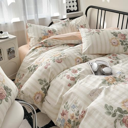 GETIYA Baumwolle Bettwäsche 135x200 4teilig Damen Mädchen Bettwäsche Blumen Muster Blümchen Bettbezug mit Reißverschluss Weiß Hellorange Wendebettwäsche Doppelbett mit 2 Kissenbezug 80x80