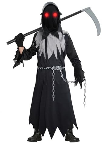 Aurasky Costume Mietitore Bambino con Cappuccio Occhiali Guanti Falce Catene, Costume Morte Bambino per Halloween Carnevale Cosplay Dress Up Party
