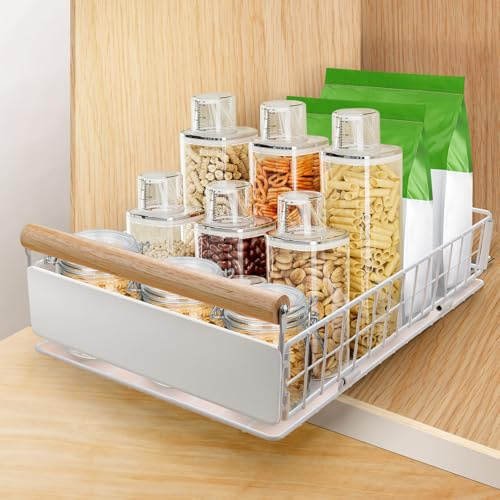 AirOpen Ausziehbare Schublade Küche, Hochwertiger Karbonstahl Ausziehbarer Schrank Organizer, Ultraleise Teleskopschublade，Geeignet für Küche, Bad, Speisekammer 40cm x 23cm x 11cm （Weiß）
