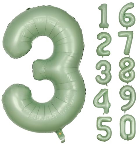 Grün Luftballon 3 Olivgrün Nummer 3 Folienballon Salbeigrün 3 Ballons 40 Zoll Mylar Helium Ballon für Geburtstag Party Dekorationen Mädchen Jungen Baby Dusche Hochzeit Jahrestag Deko (Nummer 3)