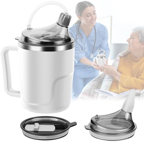 AKIMRABY Adult Sippy Cup, 14oz Stainless Steel Straw Cup with 2 Lids, No Spill Feeding Cup for Elderly, Disabled, Maternity - White