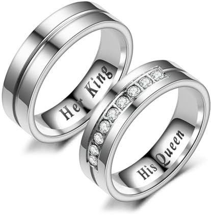 Beydodo Paarringe für Sie und Ihn Set, Edelstahl Ringe 6MM Her King His Queen mit Zirkonia Verlobungsringe Eheringe Nickelfrei Gr.49 (15.6)-70 (22.3)