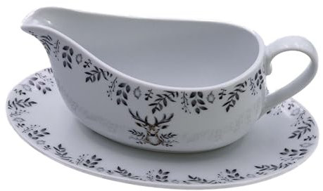 Harvey & Mason - Weihnachtlicher Hirsch - Sauciere mit Untertasse, grau mit schwarzem Blumenmuster