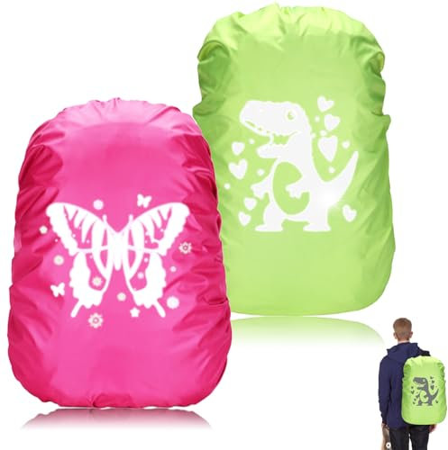 Xerteam 2 Stück Regenschutz Rucksack, 35L Regenschutz Schulranzen Überzug Regenschutz mit Reflektorstreifen, Dinosaurier und Schmetterlingsdruck Rucksack Regenschutz für Jungen Mädchen Schule Outdoor