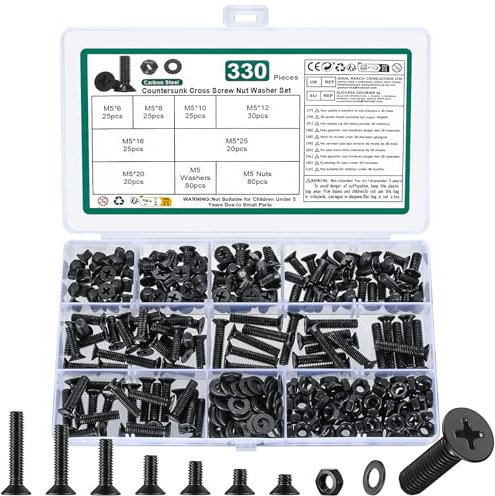 330 Pz M5 Viti Bulloni e Dadi Set, Bulloni a Testa Svasata Croce, Viti Bulloni a Testa Piatta e Dadi con Rondelle, Set di Dadi e Bulloni Viti a Testa a Croce Assortimento Kit Nera