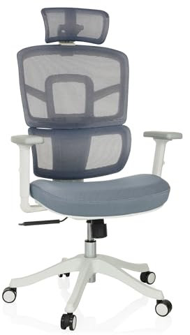 MyBuero Drehstuhl ergonomisch ERGOMY I W Bürostuhl mit Flexibler Lordosenstütze, Kopfstütze, Armlehnen, Netz-Rückenlehne, Stoff Blau