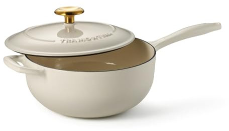 Tramontina Enameled Cast Iron Saucier Pan with Lid, 3-quart, Latte with Gold Knob