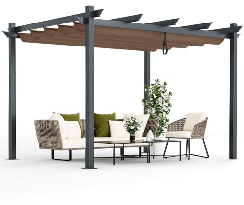 COSTWAY 2.9 X 3.6m Metal Pergola with Retractable Roof, Large Garden Pergola with Sun Shade Canopy, Outdoor Heavy-Duty Grape Trellis Gazebo for Patio Party BBQ (Coffee)