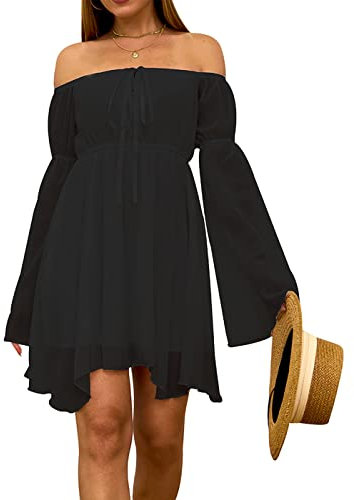 FDKLOOK Womens Off Shoulder Dress Bell Sleeve Lace-Up Irregular Summer Casual Party Mini Flowy Chiffon Dress Black L