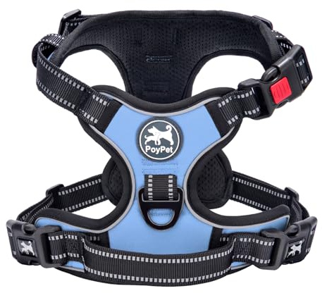 PoyPet No Pull Dog Harness with Neck Release Buckle, Reflective No-Choke Harness with 2 Leash Clip, Adjustable Soft Padded Pet Vest with Easy Control Handle for Medium Dogs (Light Blue,M)
