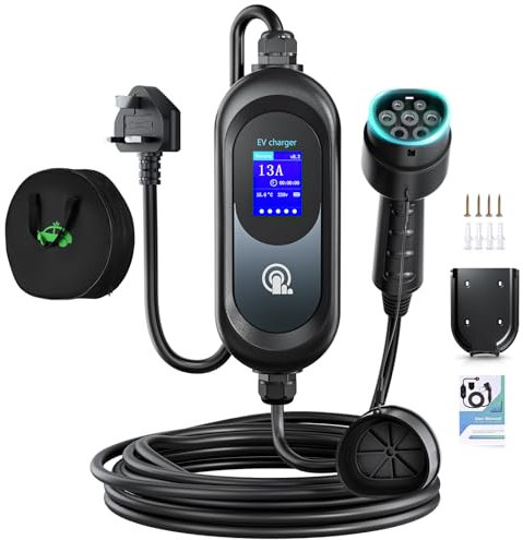 EVJUICION EV Charger Cable Type 2 to 3 Pin Plug 15M, 3.1kW 6-13A 3 Pin EV Charger, Portable Electric Car Charger for up to 12H Delayed Start Charging with 2.4″ LED Screen, IP67 for EVs & PHEV