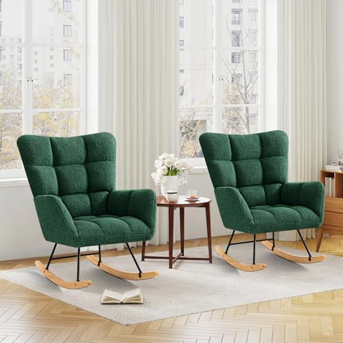 Ckaff Lot de 2 Fauteuil à Bascule, Rocking Chair, Fauteuil Allaitement, Chaise à Bascule Scandinave en Matériau Sherpa avec Pieds en Bois pour Chambre d'enfant Salon Balcon, Vert