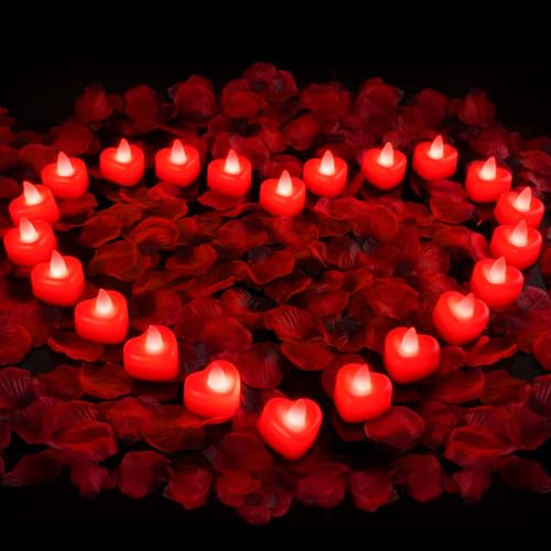 AMAGIC 2000 künstliche Rosenblätter & 24 herzförmige LED Teelichter Set - Romantik Set für Heiratsantrag, Jahrestag, Valentinstag, Hochzeitstischdeko, Rot