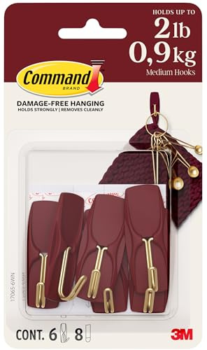 Command Medium Wire Hooks, 6 Light Brown Hooks and 8 Adhesive Strips | Value Pack, Adhesive Wall Hooks, Damage-Free Hanging for Bags, Accessories and Home Décor, Holds 900 g, Removes Cleanly
