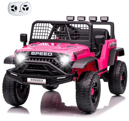 MoraRise 12V Kids Electric Ride on Car with Remote Control, Battery Powered Off-road Truck with Dual 45W Motors, FM Radio, Story Mode, Music, USB, LED Lights, Vehicle Toy for Boys Girls (Pink)