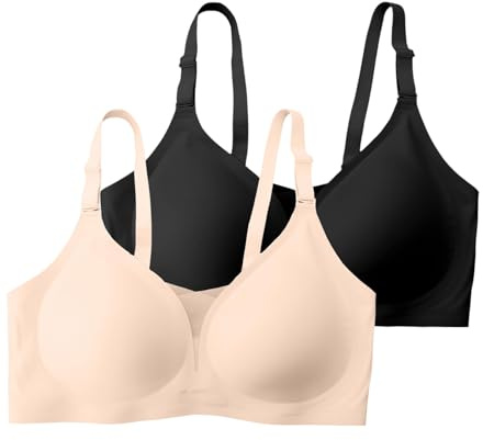 BH Damen Ohne Bügel, 2er Push Up Seamless BH Comfort Soft Bügelloser Bra Klassiker Bustier Mit Weicher Stütze, V-Ausschnitt, Gewellte, Nahtloser Minimizer Tshirt Schlaf BHS Unterwäsche, Bunt L