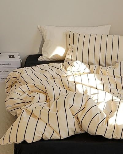 Bettwäsche 135x200 Beige Gestreift Streifen mit Kissenbezug 80x80cm | Bettwäsche-Set Mädchen Frauen Wendebettwäsche Weiche Mikrofaser ÖKO-TEX Renforce Streifen Bettbezug mit Reißverschluss