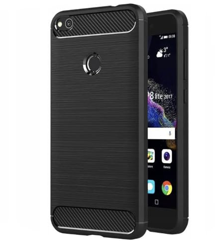 Techsuit für Huawei P9 Lite 2017 P8 Lite 2017 Hülle mit Soft Touch, Stoßfest, Kameraschutz, Erhöhte Kanten, Luftkissen Ecken, Anti Fingerabdruck, Flexibel, Carbon Silicone Series, Schwarz