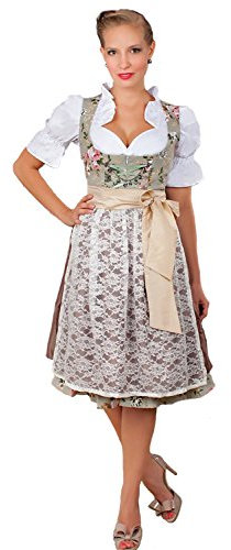 Edles Midi Dirndl 2-tlg. Blumen exclusive inkl. Spitzen Schürze Gr. 32-52, Braun, 38
