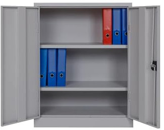 Furni 24 Aktenschrank, fertig montiert, 120x92x42cm, Stahlflügeltürschrank Materialschrank, Abschließbarer Spind, Aktenschrank mit 3 Fächern, Werkzeugschrank, Mehrzweckschrank, Universalschrank, grau