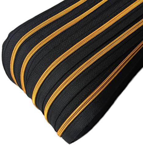 Schnoschi 6 m endlos Reißverschluss schwarz mit Goldener 5mm Laufschiene + 15 Zipper, Spiralreißverschluss