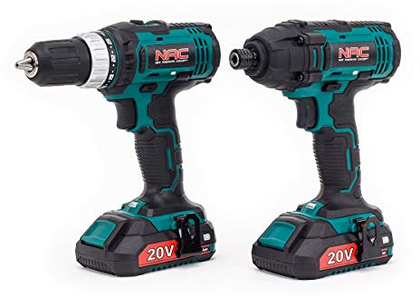 NAC Werkzeugset Akku-Bohrschrauber 20V CDB-LI-20V, Akku-Schlagschrauber 20V ID-LI-20V incl. 2x Li-Ion Akku 2.0Ah, Set von Bohrer und Schrauben, Ladegerät mit Ladezustandsanzeige, Tragetasche