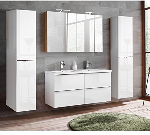 Lomadox Komplett Badmöbel Set mit Doppel-Waschtisch inkl. Keramikbecken 121cm, Hochglanz weiß & Wotaneiche, inkl. LED-Spiegelschrank