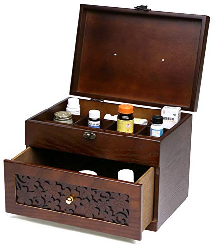 QXTT Medizinbox Holz Medizinbox Mit Tragegriff Medizinkasten Medikamentenbox Aufbewahrungsbox Für Medizin Organizer Erste-Hilfe Box Hausapotheke Medizinkoffer