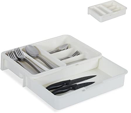 Relaxdays Besteckkasten, ausziehbar, 7 Fächer, für Besteck & Küchenutensilien, Kunststoff, HBT 6x23,5x31,5 cm, weiß