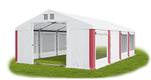 Das Company Partyzelt 5x8m Lagerzelt Universalzelt Moskitonetz Zelt weiß-rot mit Bodenrahmen und Dachverstärkung 560g/m² PVC Plane wasserdicht Robust Festzelt Gartenzelt Summer Plus ISDM