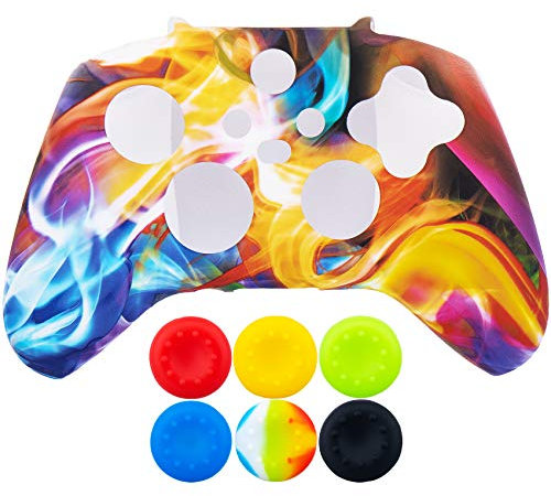 9CDeer 1 Piece of Silicone Transfer Print Protective Thick Cover Skin + 6 Thumb Grips for Xbox Series X/S Controller Rainbow