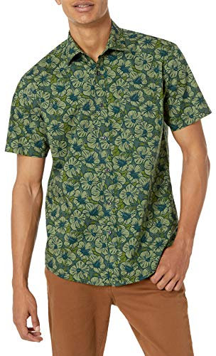 Amazon Essentials Chemise Imprimée à Manches Courtes Coupe Régulière Homme, Vert Olive Fleurs, XL