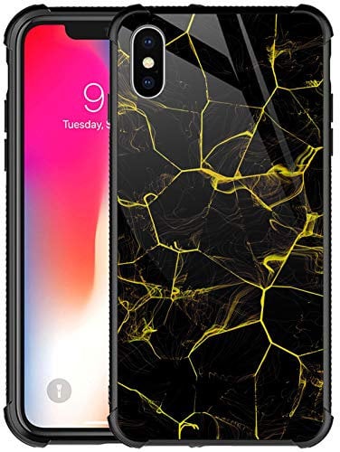 iPhone Xs Case,Black Yellow Marble Floor iPhone X Cases for Girls Boys,Customesize Pattern Design Shockproof Anti-Scratch Hard PC Back Case for Apple iPhone X/XS