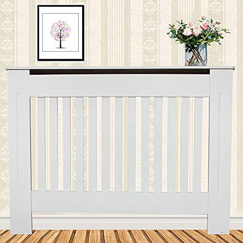 BRIEFNESS Small Radiator Cover White Painted, Radiator Shelf, Modern Vertical Slat Living Room Radiator Cabinet, Heater Cover for Home Office Hallway/Bedroom/Kitchen