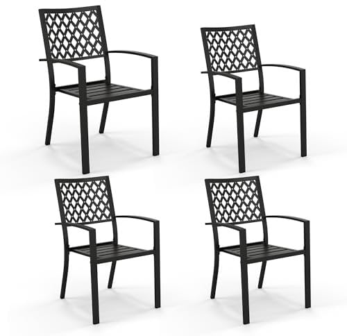PHI VILLA Wrought Iron Patio Dining Chairs, Stackable Black Outdoor Patio Chairs Set of 4, Metal Patio Chairs, Support 300 LBS, Black