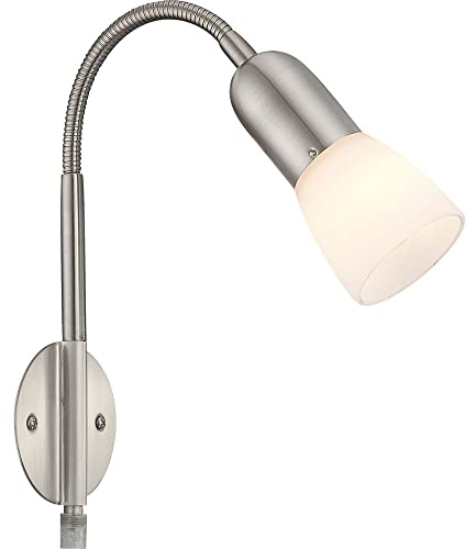 Wandleuchte Leselampe Flexo Wandleuchte Schlafzimmer Bett Wandlampe mit Kabel für Steckdose, Spot beweglich, Metall Nickel Glas weiß, 1x E14 Fassung, HxLxBxÜ 46x29,5x23,5x26 cm