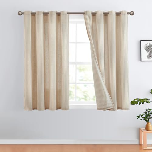 TOPICK Leinen Vorhänge Gestreifte Gardinen mit Ösen Modern Beige Leinenoptik Vorhang Wohnzimmer Privarsphäre Gardine Lichtfilterung Ösenschal mit Streifen Muster 2er Set H145xB130cm Braun auf Beige