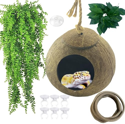 MUYG Crested Gecko Coco Den Lizard Coconut Husk Verstecke Hütte Reptilien Muschel Nest Verstecken Langlebig Hängende Höhle Habitat Chamäleon Mini Condo Klettern Versteck Haus Pflanzen Dekoration