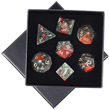 mookaitedecor 7 Stück Drachenblut Stein Edelstein Polyedrische Würfel Set, Polierte Heilstein DND Würfel für Dungeons und Dragons RPG MTG Tischspiele Rollenspiel Heim Dekoration