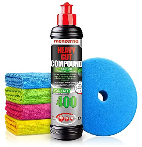 Autopolitur Set: Menzerna Super Heavy Cut Compound 400 Green Line Schleifpolitur (250ml) - VOC-freie Politur für maximalen Abtrag - Für Exzenter oder Rotation - Auto polieren | 6-teilig