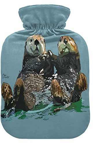 YOUJUNER Hot Water Bottle with Sea Animal Otter Print Cover 1 Litre Large Hot Water Bag Warm Comfort Hand Feet Warmer