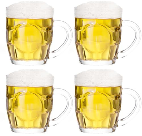 TUSAPAM Dimple Stein Bierkrug-Set, 283.5 g Biergläser mit Griff, Glas-Bierkrug, spülmaschinen- und gefriergeeignet, klar und stabil, 4er Set