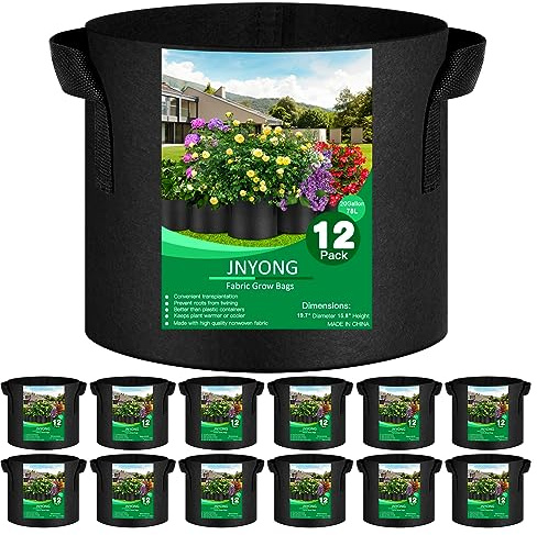 JNYONG NYONG 12-Pack 20 Gallon Thickened Non-Woven Grow Bags, Aeration Fabric Pots with Handles（Black）