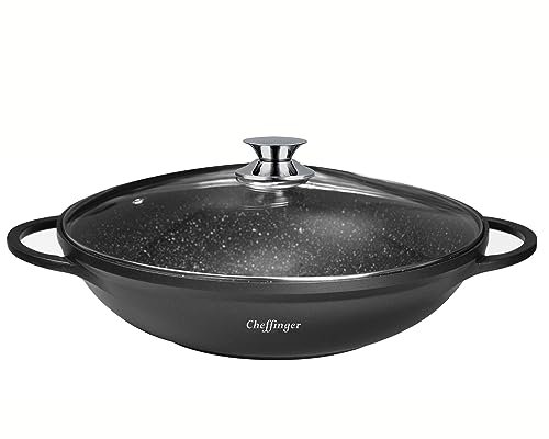 Cheffinger WOK Wokpfanne Woktopf Induktion 40cm Aluguss mit Deckel Bratpfanne Marmorbeschichtung Silikongriffe
