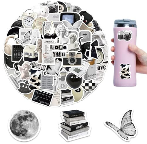 Schwarz Weiß Sticker Set, 61 Stück Vintage Wasserfeste Sticker Graffiti Schwarz Weiss Aufkleber für Skateboard Laptop Handy Koffer Helm Motorrad, Kleine Sticker